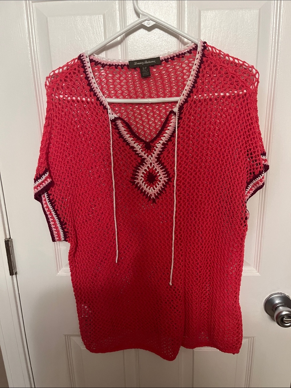 Tommy Bahama Coral-Red Crochet Tunic with Contrast Trim